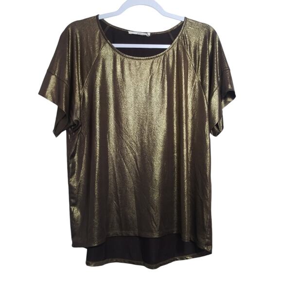 Ellison Gold Bronze Metallic Stretch Short Sleeve Top Size M - Picture 2 of 8